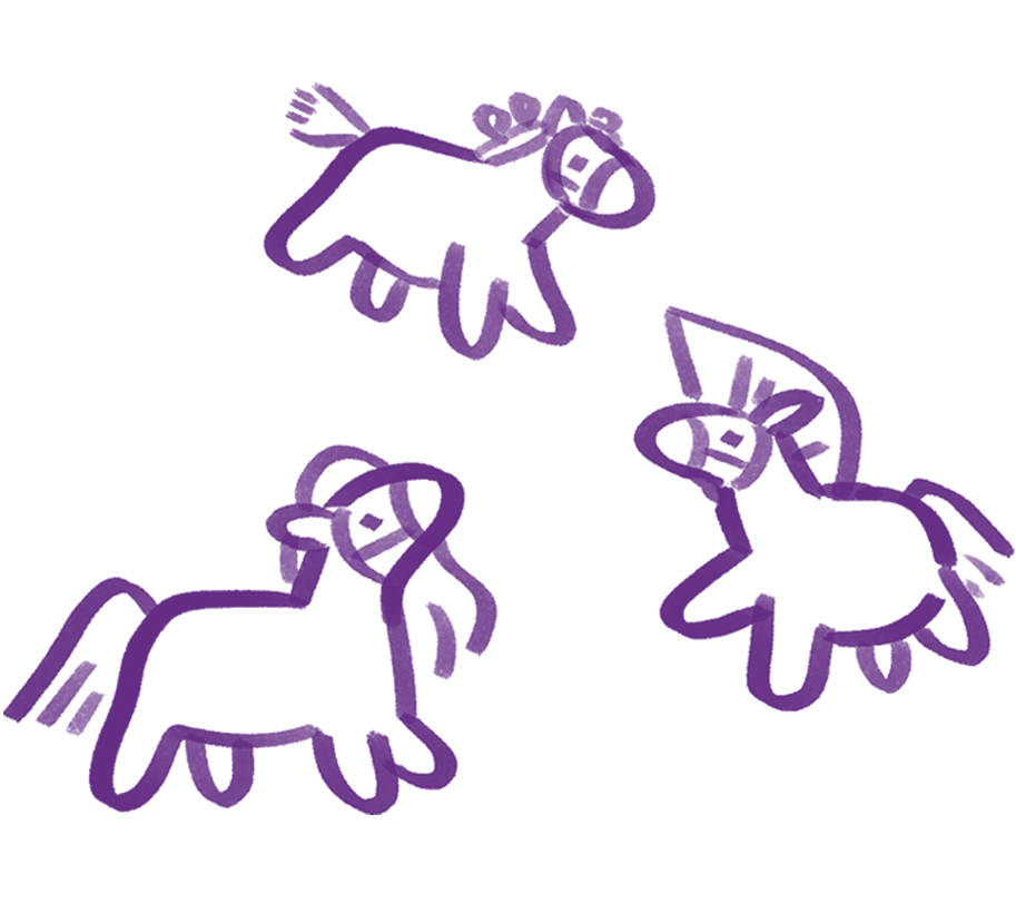 An illustration of three horses. Each is sporting a strange hair style.