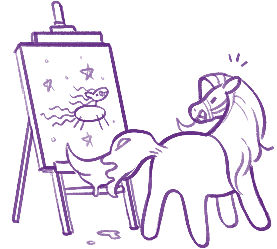 An illustration of a horse with an easel and paint-tipped tail. They're painting a horse on the canvas.