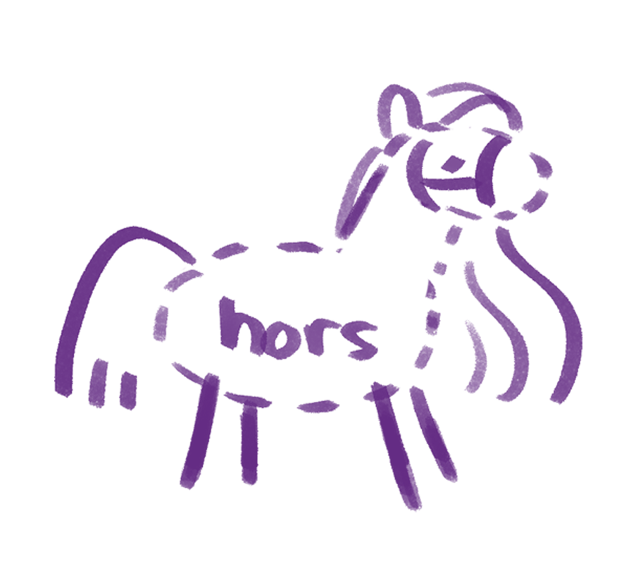 An illustration of a horse with a dotted lined body and stick legs. It looks like a draft sketch, with a label 'hors' in the middle.